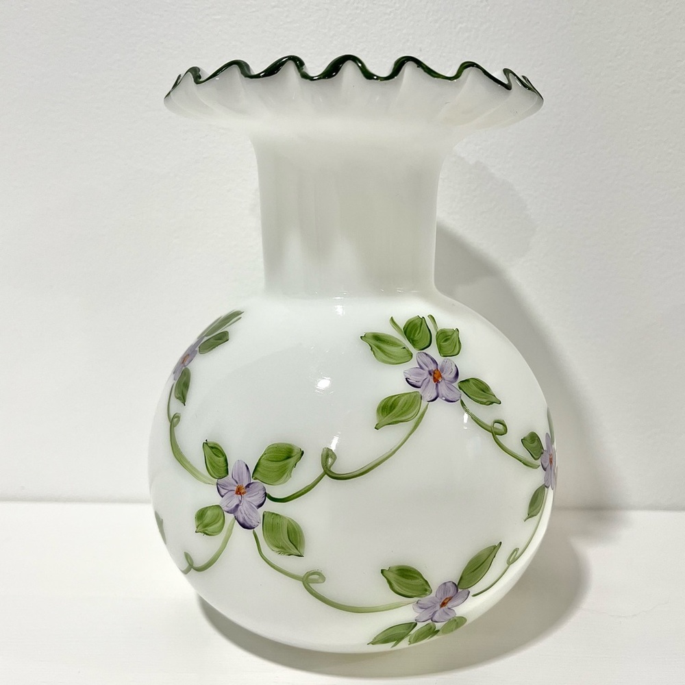 Vintage White Ruffle Edge Vase with Hand Painted Purple Flowers and Green Trim